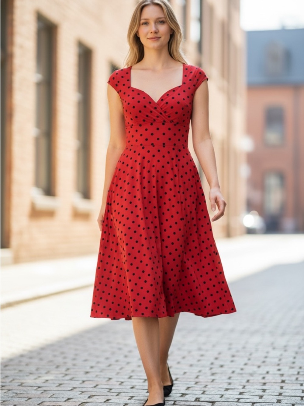 Gown Town Women's Red Black Polka Dot Party 1950s Vintage Swing Stretchy Dress L